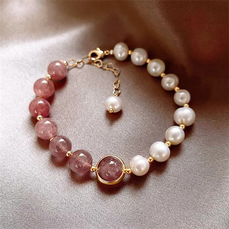 Wear FengShui Natural Strawberry Quartz Pearl Love Positive Chain Bracelet