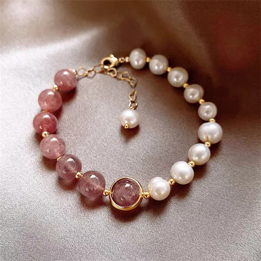 Wear FengShui Natural Strawberry Quartz Pearl Love Positive Chain Bracelet