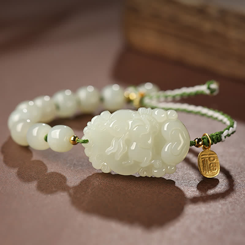Wear FengShui 925 Sterling Silver Chinese Zodiac Hetian Jade Happiness Luck String Bracelet