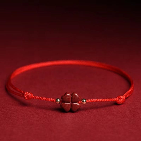 Wear FengShui Natural Cinnabar Four Leaf Clover Blessing Red String Bracelet Anklet