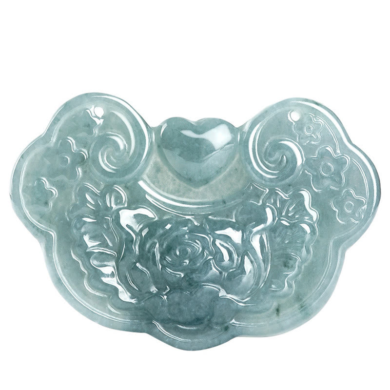 Wear FengShui Natural Jade Peony Flower Lock of Good Wishes Prosperity Necklace Pendant