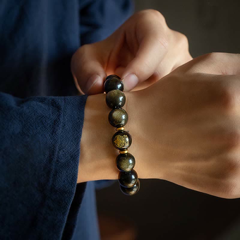 Wear FengShui Chinese Zodiac Natal Buddha Gold Sheen Obsidian Wealth Protection Bracelet