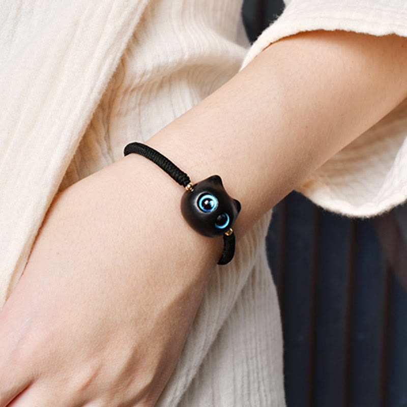 Wear FengShui Ebony Wood Cat Head Pattern Peace King Kong Knot Braided Bracelet