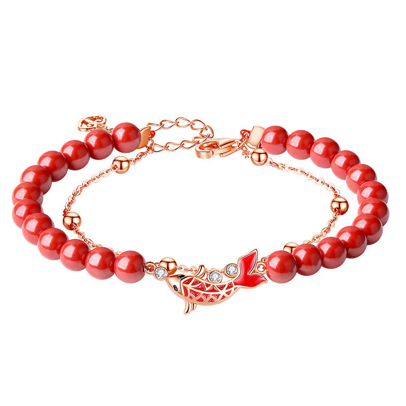 Wear FengShui 925 Sterling Silver Lucky Koi Fish Cinnabar Zircon Prosperity Double Layer Chain Bracelet