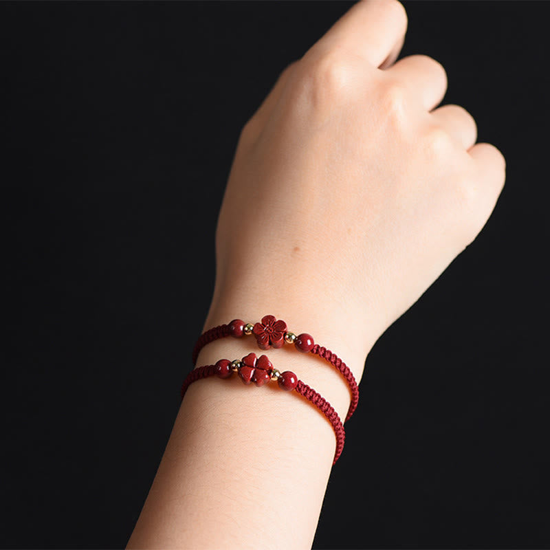 Wear FengShui Four Leaf Clover Five-petal Flower Cinnabar Blessing Red String Bracelet