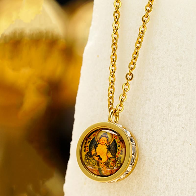 Wear FengShui Tibetan Yellow God Of Wealth Green Tara Buddha Serenity Titanium Steel Necklace Pendant