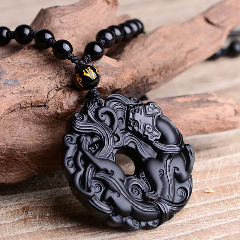 Wear FengShui Natural Black Obsidian Peace Buckle Pixiu Purification Necklace Pendant