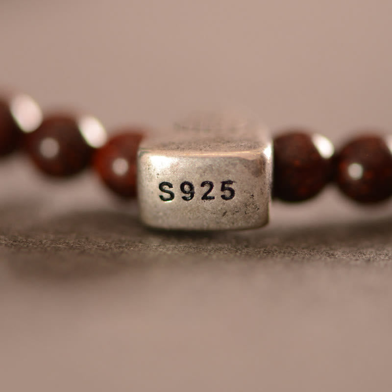 Wear FengShui 925 Sterling Silver Indian Small Leaf Red Sandalwood Fu Character Protection Triple Wrap Bracelet