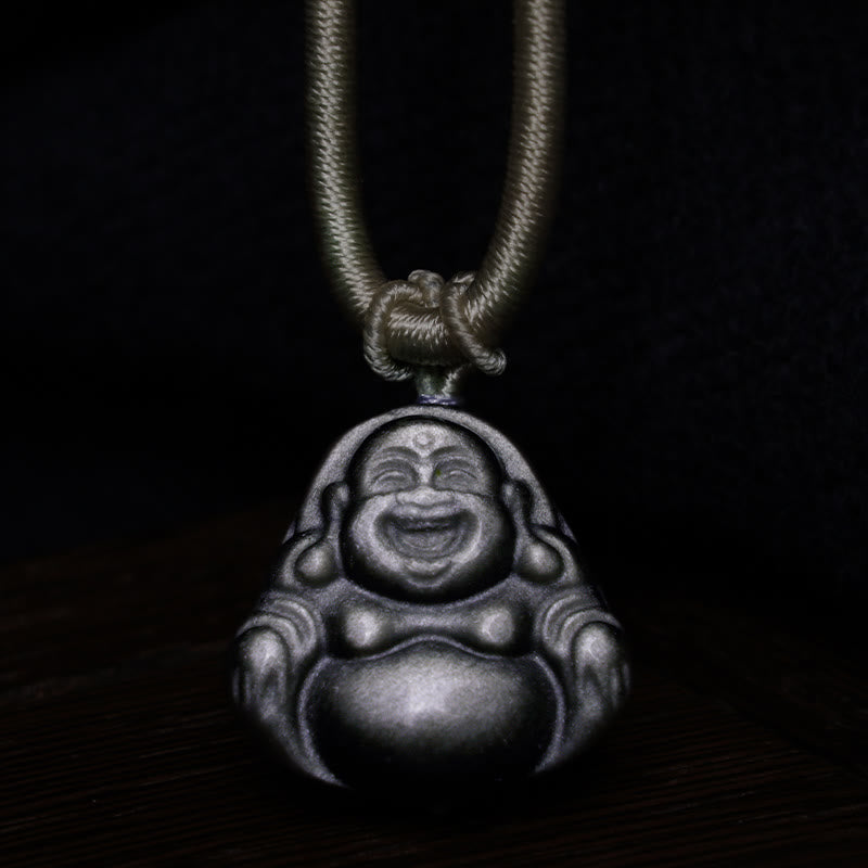 Wear FengShui Natural Silver Sheen Obsidian Laughing Buddha Protection Necklace Pendant
