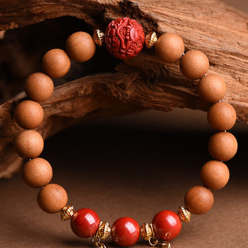Wear FengShui Tibetan Natural Peach Wood Cinnabar PiXiu Wealth Tassels Bracelet