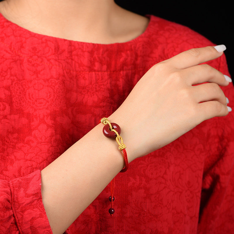 Wear FengShui Handmade Cinnabar Peace Buckle Blessing Braided Rope Bracelet