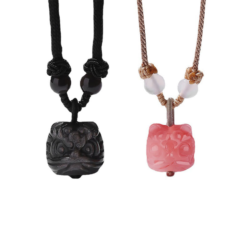 Wear FengShui Natural Silver Sheen Obsidian Red Agate Dancing Lion Protection Necklace Pendant