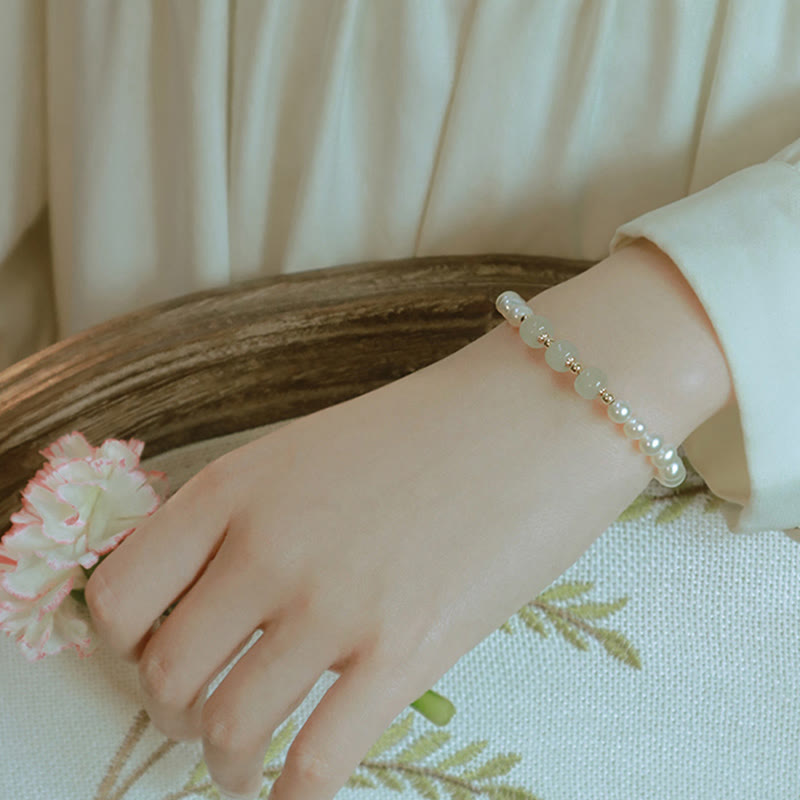 Wear FengShui 14K Gold Plated Natural Pearl Hetian Cyan Jade White Jade Sincerity Bead Chain Bracelet