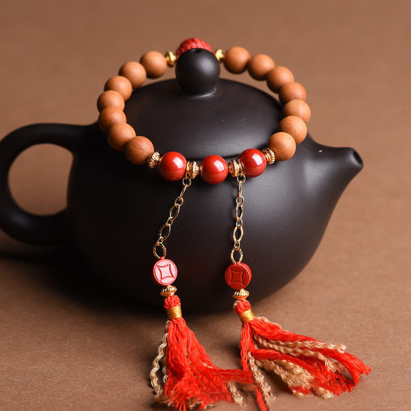 Wear FengShui Tibetan Natural Peach Wood Cinnabar PiXiu Wealth Tassels Bracelet