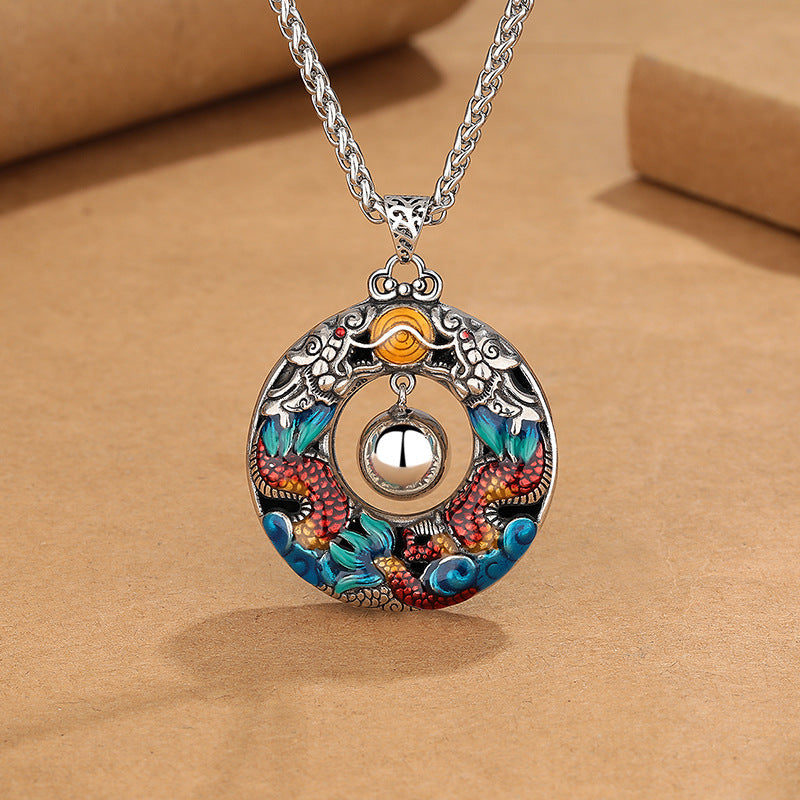 Wear FengShui Year of the Dragon Colorful Double Dragons Playing Bead Copper Protection Necklace Pendant