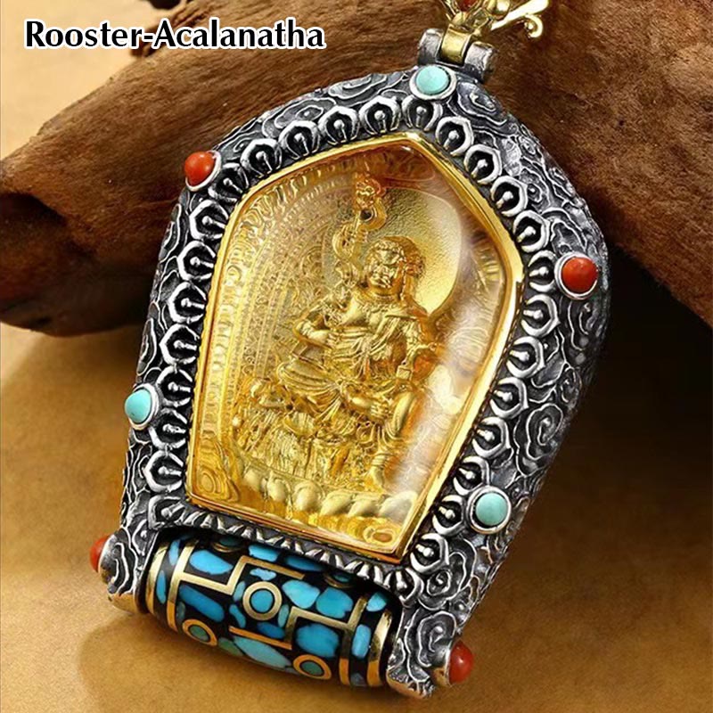 Wear FengShui Tibet Chinese Zodiac Natal Buddha Thangka Prosperity Rotatable Dzi Bead Necklace Pendant