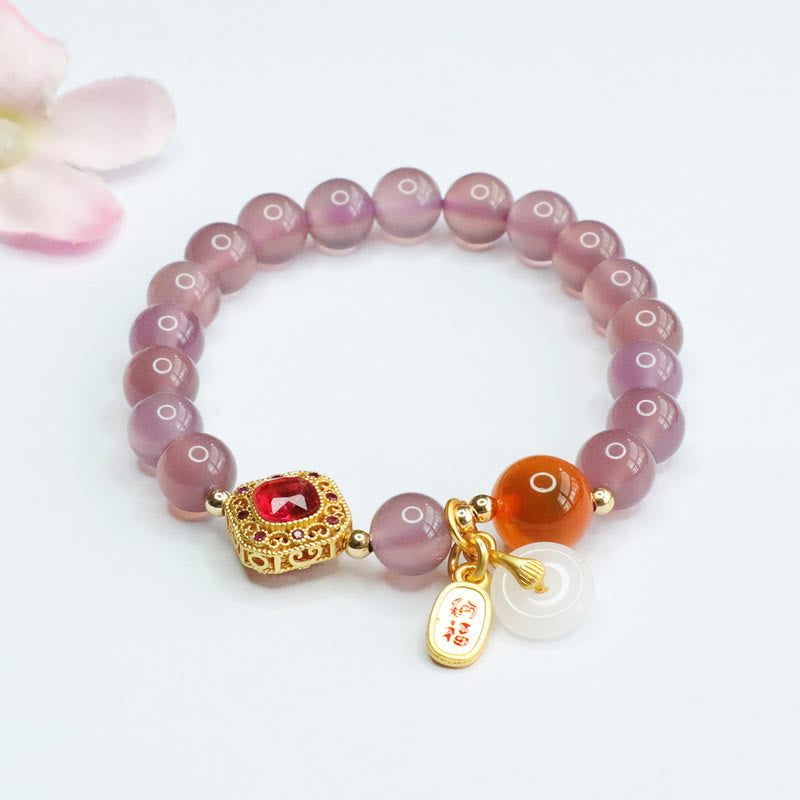 Wear FengShui Natural Purple Chalcedony Candy Agate Peace Buckle Harmony Lucky Fortune Charm Bracelet