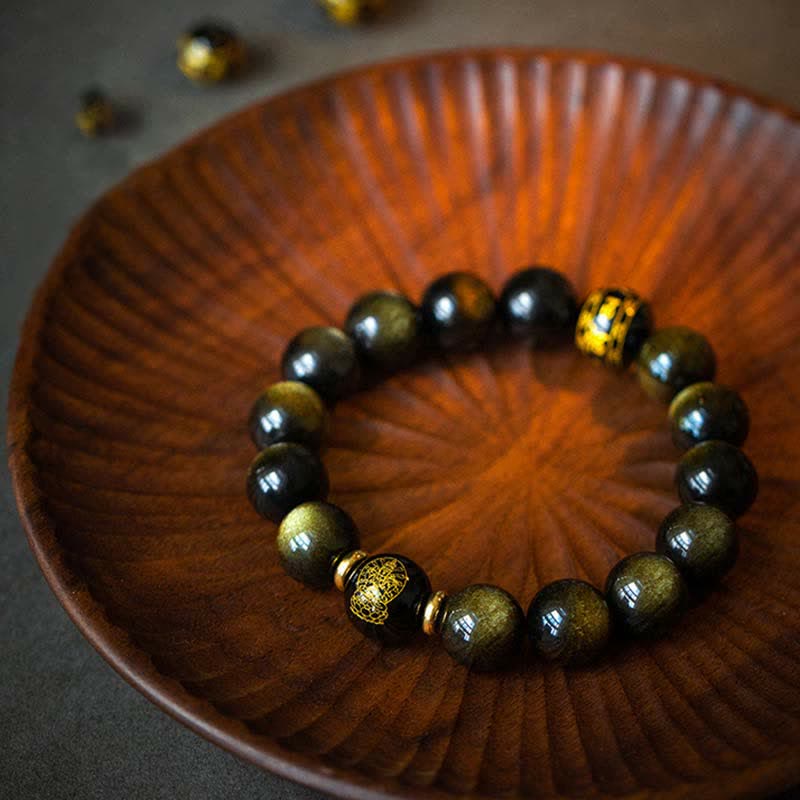 Wear FengShui Chinese Zodiac Natal Buddha Gold Sheen Obsidian Wealth Protection Bracelet
