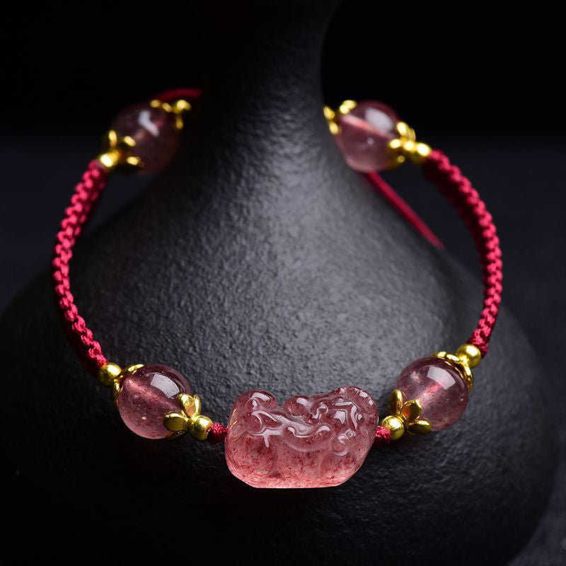 Wear FengShui Natural Strawberry Crystal Pixiu Charm Lucky Red String Bracelet