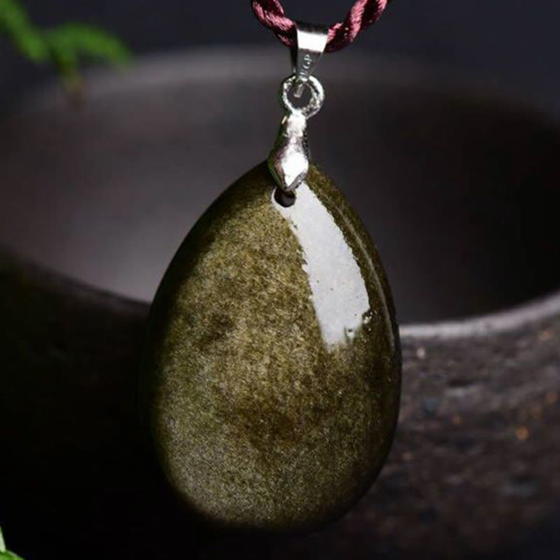 Wear FengShui Gold Sheen Obsidian Black Obsidian Rainbow Obsidian Wealth Water Drop Necklace Pendant