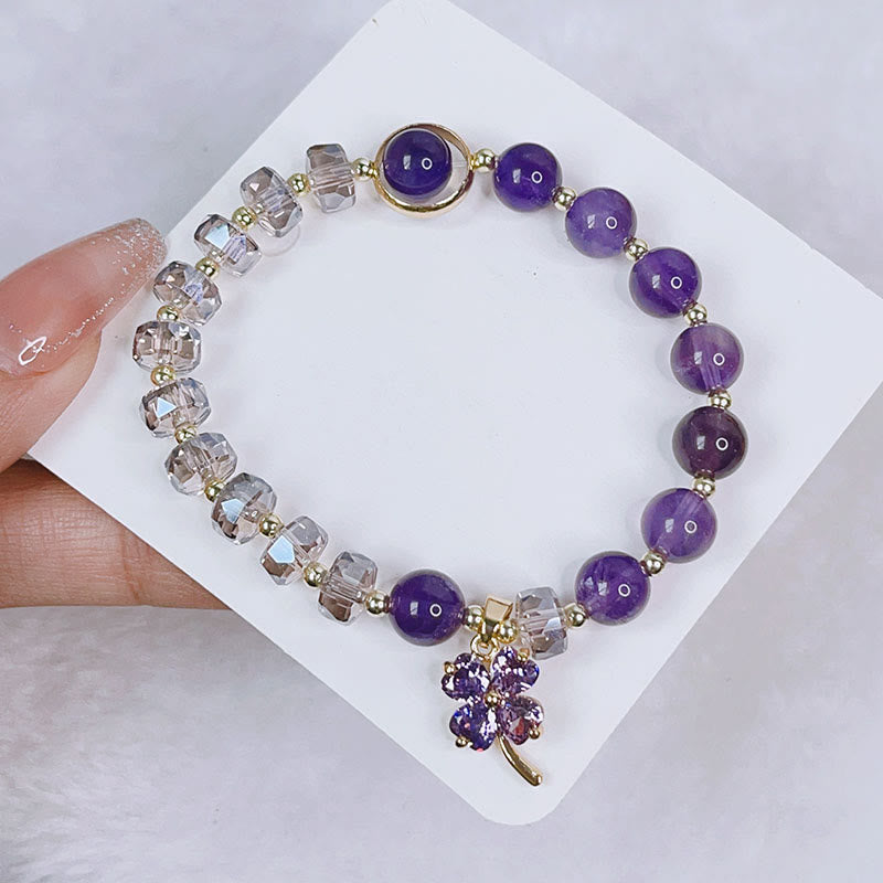 Wear FengShui Amethyst Crystal Four Leaf Clover Healing Charm Bracelet