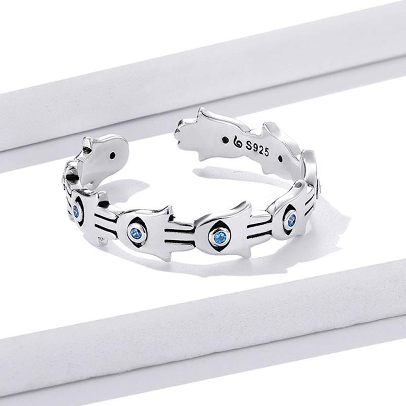 Wear FengShui 925 Sterling Silver Hamsa Symbol Zircon Adjustable Ring