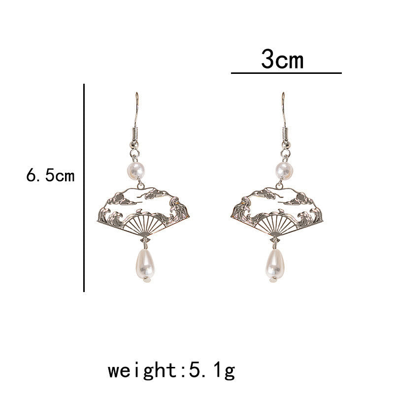 Wear FengShui Copper Fan Auspicious Clouds Pearl Healing Drop Earrings