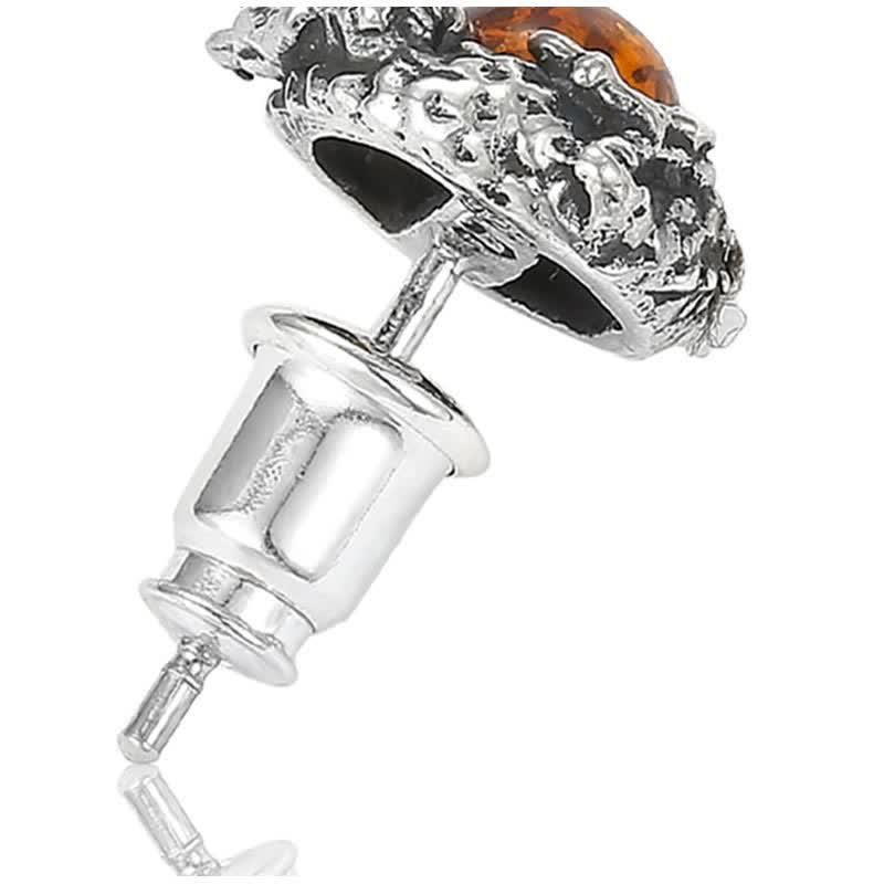 Wear FengShui 925 Sterling Silver Natural Amber Dragon Success Protection Stud Earring