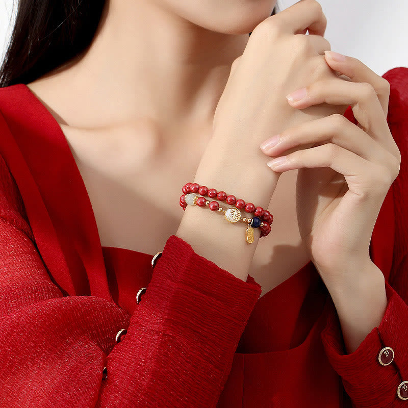 Wear FengShui 925 Sterling Silver Cinnabar Tridacna Stone Fu Character Double Wrap Blessing Bracelet