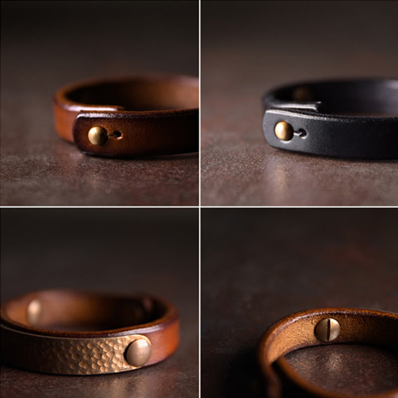 Wear FengShui Vintage Handmade Texture Copper Brass Leather Wealth Bracelet Bangle