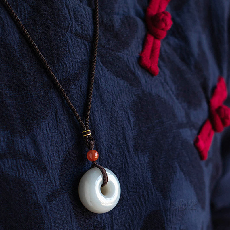 Wear FengShui Natural Round Jade Gray Jade Peace Buckle Luck Necklace Pendant
