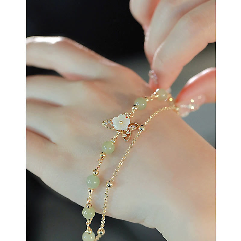 Wear FengShui 14K Gold Plated Jade Butterfly Tridacna Stone Flower Double Layer Luck Bracelet