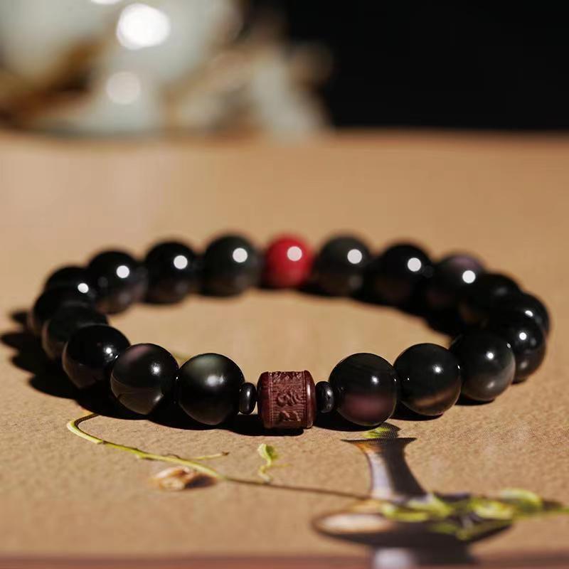 Wear FengShui Natural Gold Sheen Obsidian Rainbow Obsidian Om Mani Padme Hum Fu Character Healing Bracelet