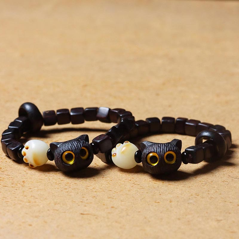 Wear FengShui Ebony Wood Cute Cat Bodhi Seed Paw Claw Square Beads Calm Bracelet