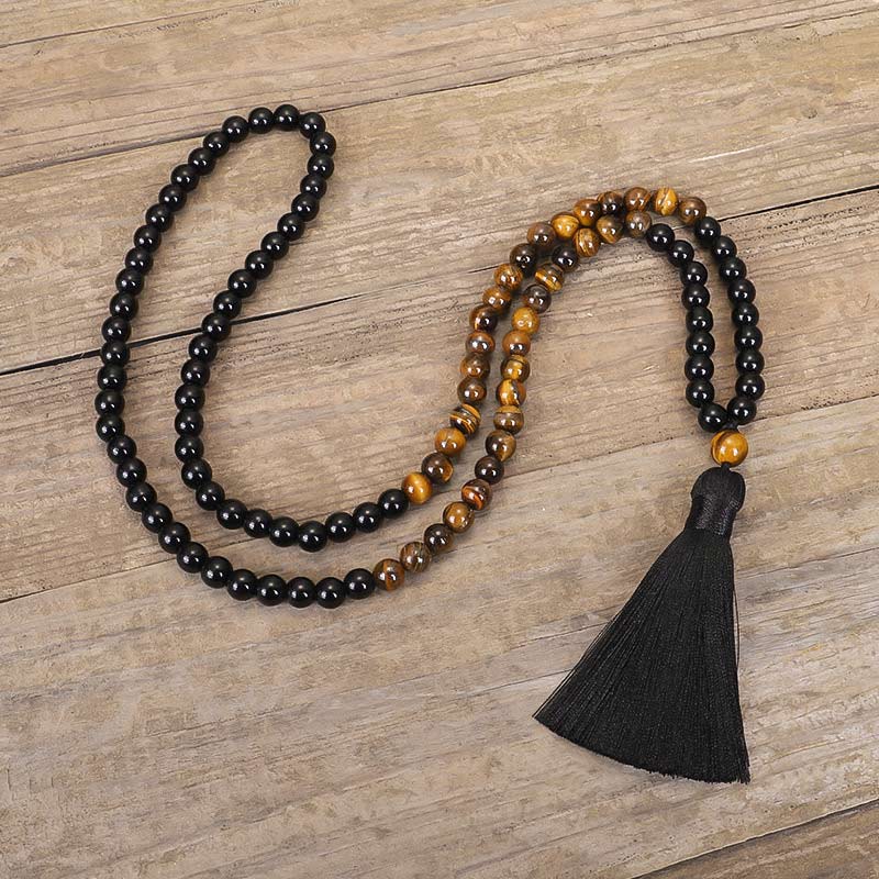 Wear FengShui Tibetan Black Onyx Tiger Eye Protection Necklace Mala Set