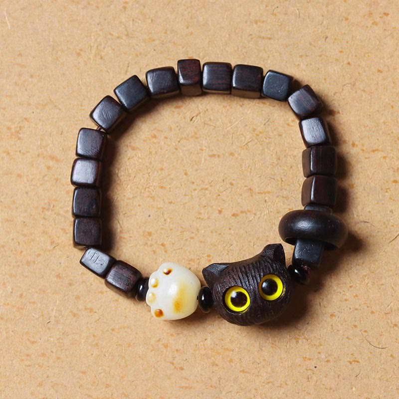 Wear FengShui Ebony Wood Cute Cat Bodhi Seed Paw Claw Square Beads Calm Bracelet