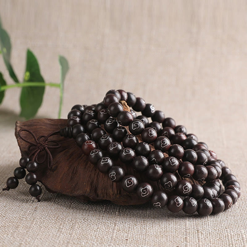 Wear FengShui 925 Sterling Silver Inlaid Small Leaf Red Sandalwood Om Mani Padme Hum Character Auspicious Clouds Protection Bracelet