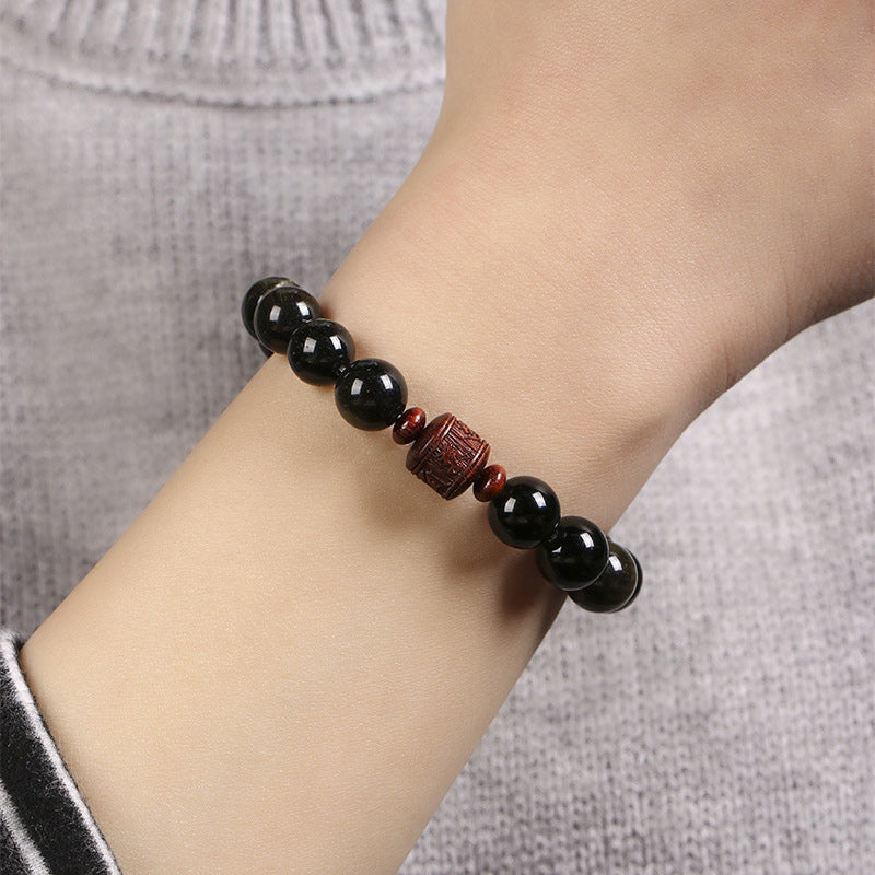 Wear FengShui Natural Gold Sheen Obsidian Rainbow Obsidian Om Mani Padme Hum Fu Character Healing Bracelet