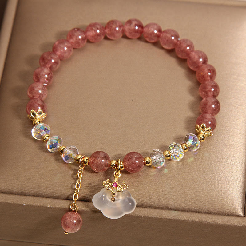 Wear FengShui Natural Strawberry Quartz Crystal White Agate Auspicious Cloud Healing Bracelet