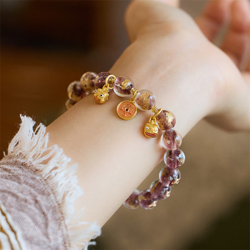 Wear FengShui Gold Swallowing Beast Copper Coin Good Luck Charm Liuli Glass Bead Fortune Bracelet