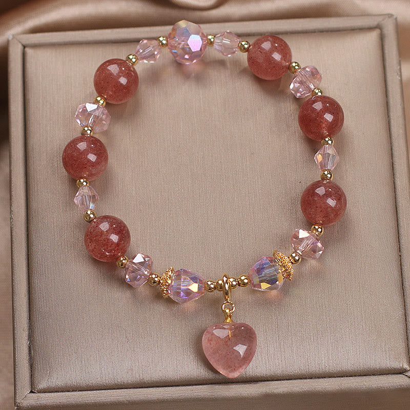 Wear FengShui Natural Strawberry Quartz Crystal Love Heart Healing Positive Bracelet