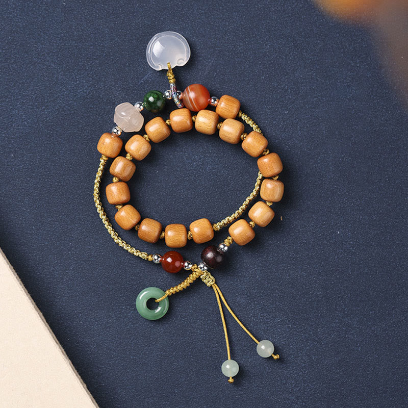 Wear FengShui Green Sandalwood Chalcedony Peace Buckle Charm Soothing Double Wrap Bracelet