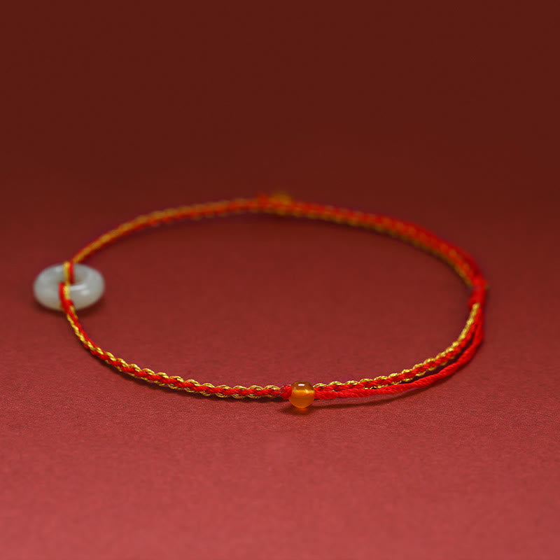 Wear FengShui Round Peace Buckle Jade Luck Abundance Braided Bracelet Anklet