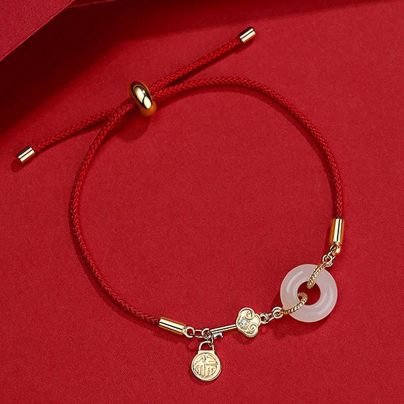 Wear FengShui 18K Gold Plated Hetian Jade Peace Buckle Fu Character Luck Red Rope Bracelet
