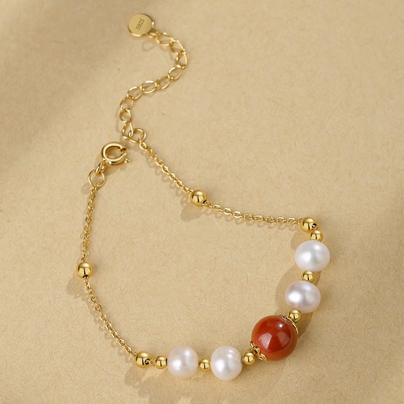 Wear FengShui 925 Sterling Silver Pearl Cinnabar Healing Bead Chain Bracelet