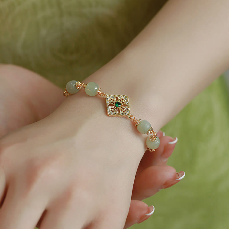 Wear FengShui Natural Hetian Jade Bead Square Pattern Luck Chain Bracelet