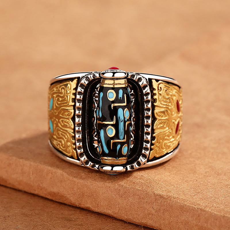 Wear FengShui Tibetan Nine-Eye Dzi Bead Wealth Blessings Rotatable Ring