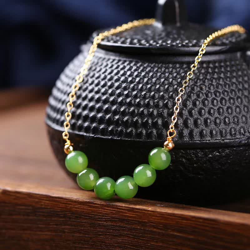 Wear FengShui 14k Gold Plated Hetian Cyan Jade Beaded Luck Necklace Pendant