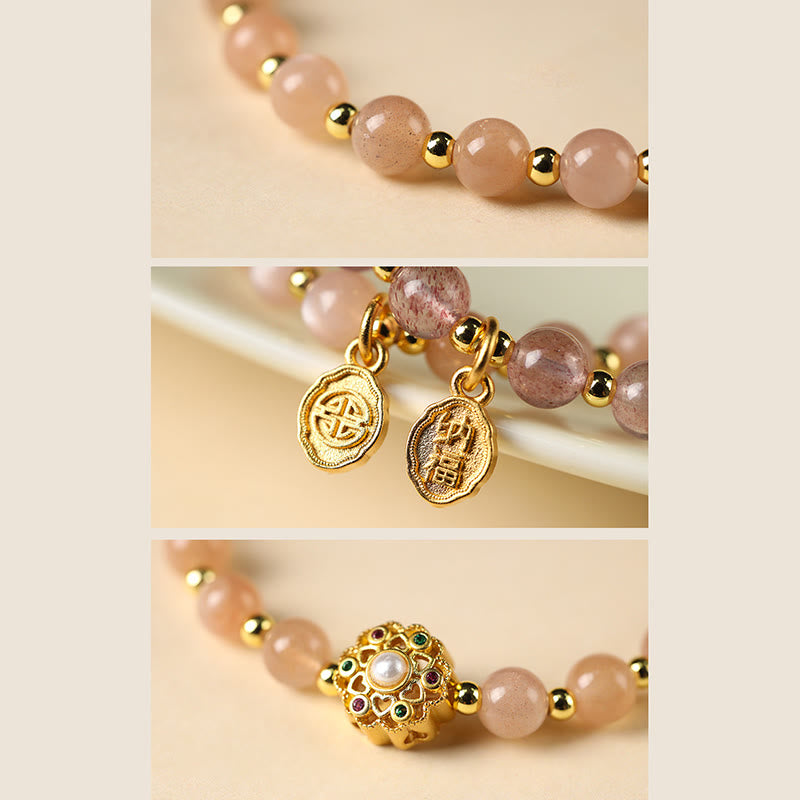 Wear FengShui 14K Gold Plated Natural Strawberry Quartz Labradorite Sun Stone Fu Character Positive Charm Bracelet