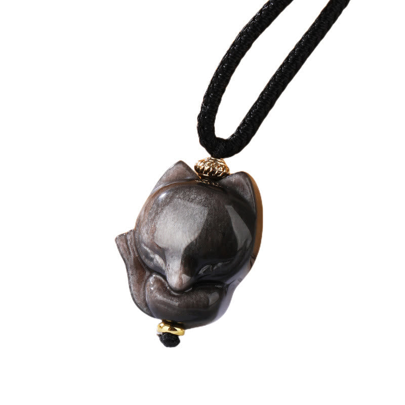 Wear FengShui Natural Silver Sheen Obsidian Nine Tailed Fox Protection Necklace Pendant